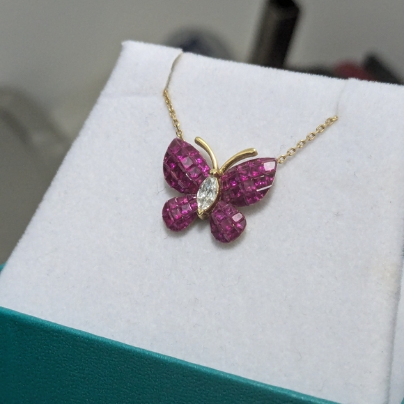 750/18K YG Invisible set Rubies and Diamond Butterfly Necklace - Picture 8 of 16